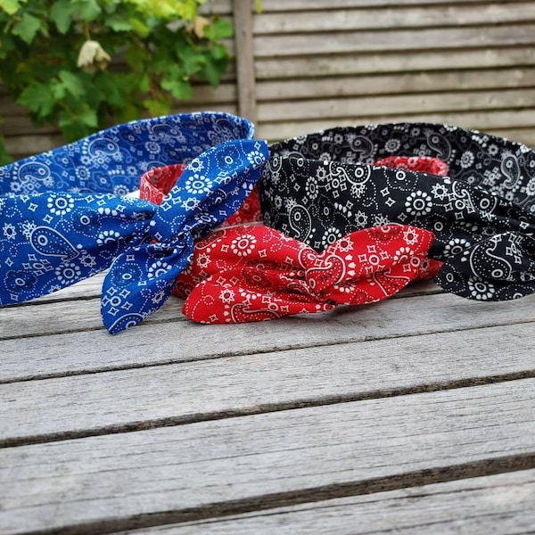 Bandeau cheveux twist headband fil de fer semi rigide motifs bandana rouge bleu ou noir