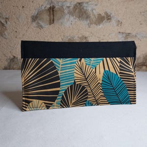 Porte chéquier feuilles art déco bleu canard noir beige doré
