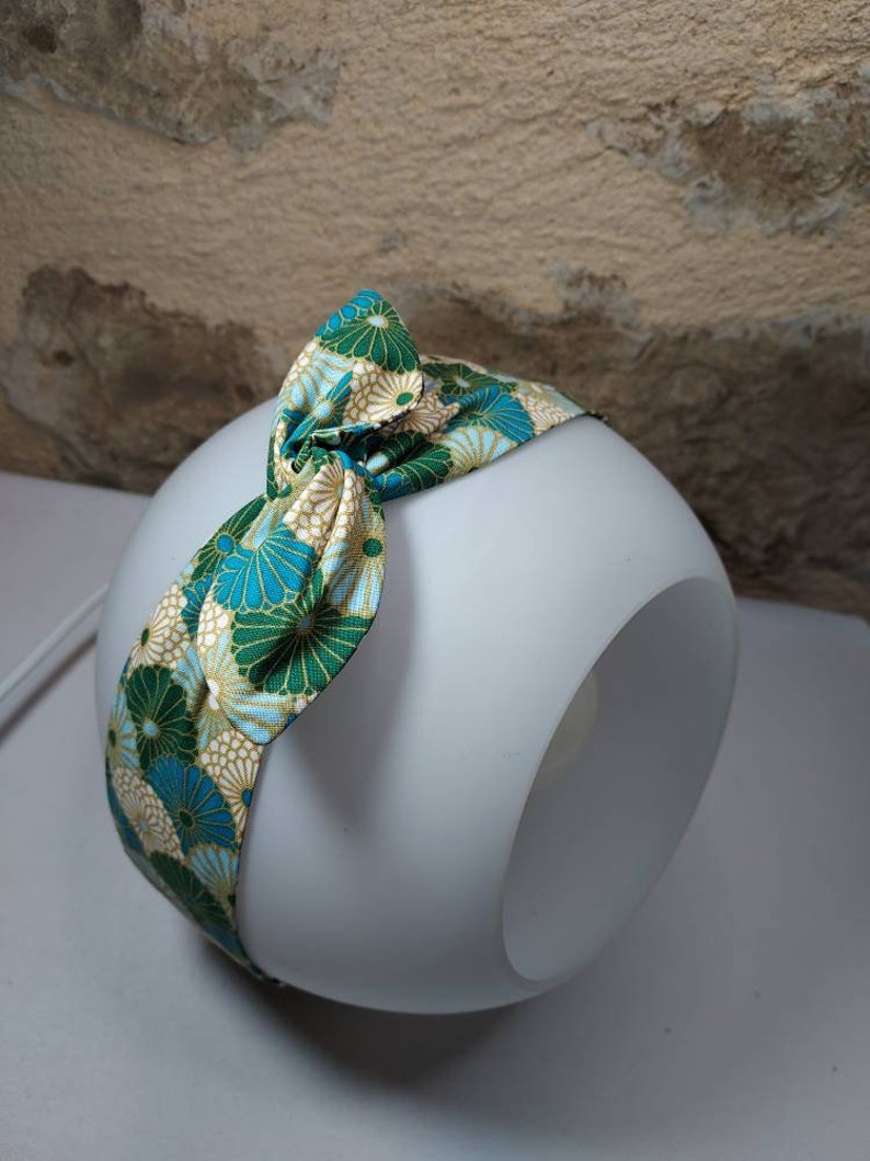 Bandeau cheveux twist headband fil de fer semi rigide fleurs turquoise noir vert doré image 2