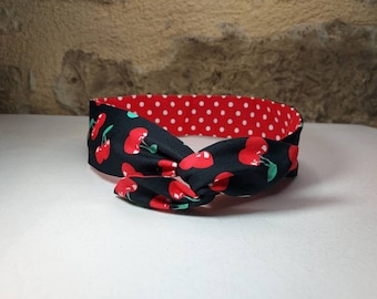 Bandeau cheveux twist headband fil de fer semi rigide cerises fond noir et rouge à pois blanc