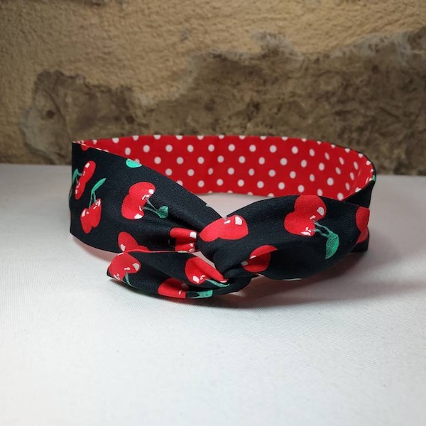 Bandeau cheveux twist headband fil de fer semi rigide cerises fond noir et rouge à pois blanc