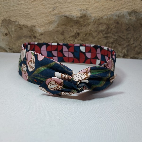 Bandeau cheveux twist headband fil de fer fleurs art déco rose motifs bordeaux bleu noir