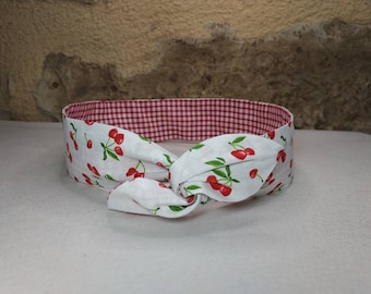 Semi-rigid wire twist hair band pin up headband cherries white background and red gingham