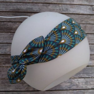 Bandeau cheveux twist semi rigide fil de fer pin up vintage headband motifs japonais bleu nuit turquoise et moutarde, paon image 2