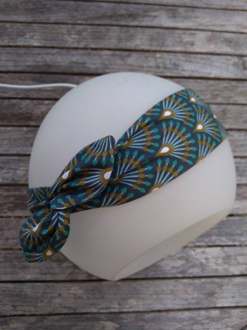 Bandeau cheveux twist semi rigide fil de fer pin up vintage headband motifs japonais bleu nuit turquoise et moutarde, paon image 2