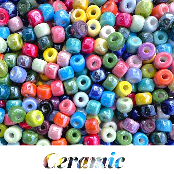 Ceramic Pony Beads- 20 Beads- Pearlescent Pony Beads, Czech Glass, Lurex Cord Bracelet ,Beaded Jewelry Making, Large Hole Bead, DIY