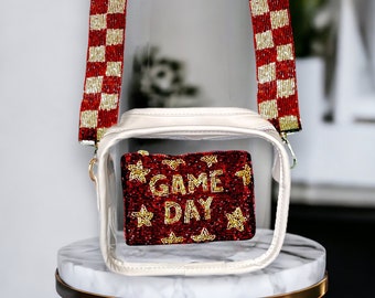 Garnet & Gold Bag Strap- Classic Checkered Adjustable Beaded Strap - Gifts for her  Stadium Bags -Clear Bags -Game Day Football-STRAP ONLY