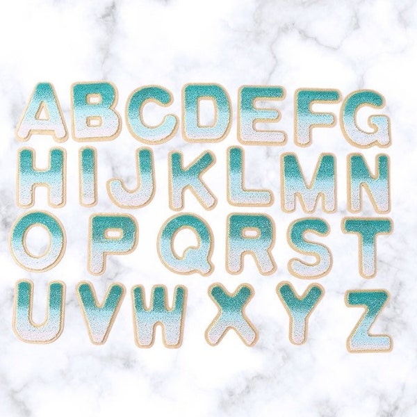 Teal Ombré Letter Patch - Self Adhesive & Iron On Alphabet Diy Gold Trim - Varsity Letter Perfect for Nylon Pouch cosmetic DIY