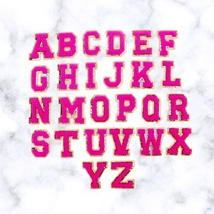 Magenta Rosa - Patch de Letras - Autoadesivo e Ferro - Alfabeto Chenille Faça Você Mesmo Letras Universitárias com Glitter Dourado - Bolsa de Nylon Cosméticos Bordados Faça Você Mesmo