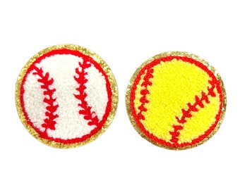 Yellow Softball or Baseball Patch - self adhesive & Iron On 2.5" Inch Glitter Chenille Patch,  , softball team mom sweatshirt, team shirts