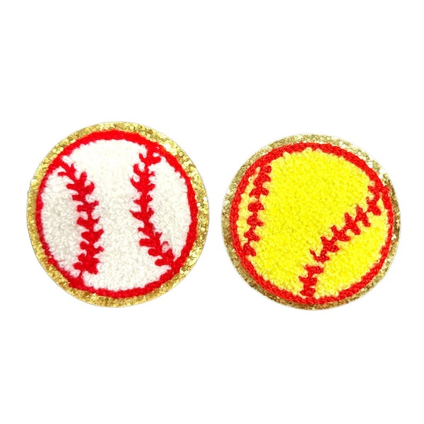 Yellow Softball or Baseball Patch - self adhesive & Iron On 2.5" Inch Glitter Chenille Patch,  , softball team mom sweatshirt, team shirts