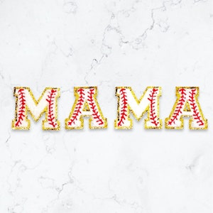 Baseball MAMA - Patch de letra - Ferro em 2,75 polegadas Glitter Chenille Patch de letra do time de beisebol, moletom de mãe do time de beisebol, camisa de beisebol e chapéus