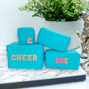 Custom Nylon Bag MakeUp Pouch - Customizable With Glitter Varsity Letter Initial Patches Makeup Bag-  -Personalized makeup bag