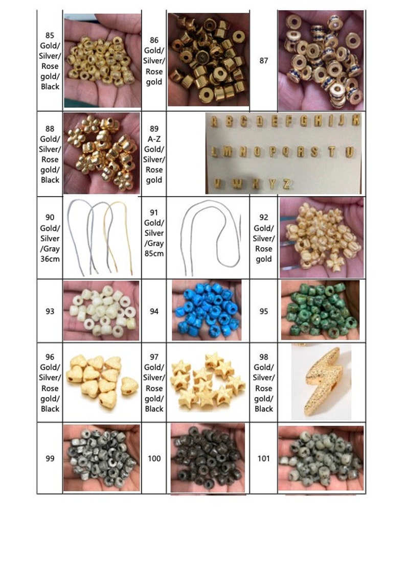 May include: A selection of jewellery-making beads and components. Includes gold, silver, rose gold, and black beads in various shapes, such as round, star, and letter beads. Also shown are silver-coloured wire pieces, 36cm and 85cm in length.