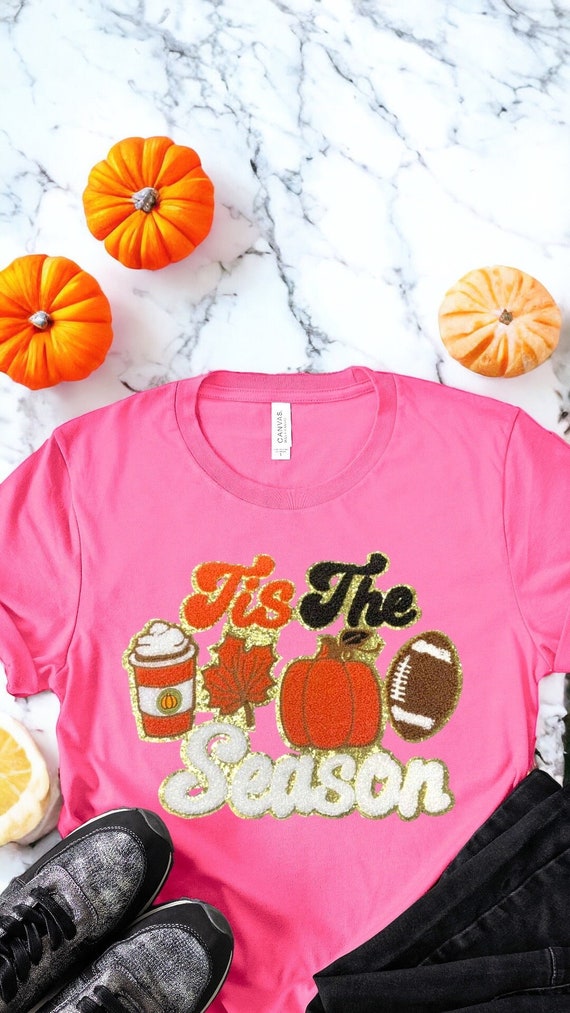 Pumpkin Season Iron On Patch: Halloween Chenille Patch with Gold Glitter (11”)