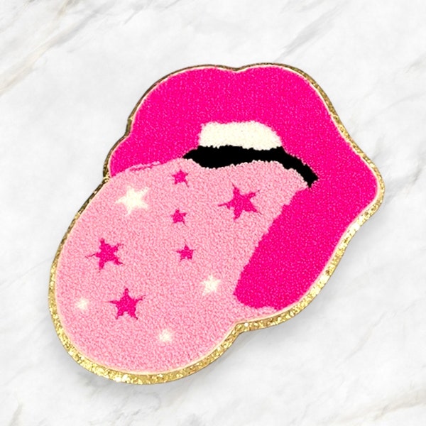 Lips Patch - Chenille Patch- Mouth Tongue  Iron On- Patch Only - Rolling Fuzzy stone Chenille DIY Patch Glitter Varsity Nylon Pouch - Shirt