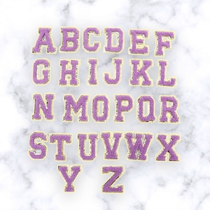 Parche de letras moradas - Alfabeto de chenilla autoadhesivo Diy Gold Glitter Varsity Letter Perfecto para bordado cosmético de bolsa de nailon