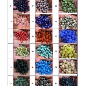 May include: A selection of colourful beads in various shades, including green, blue, pink, and white. The beads are small and round, ideal for jewellery making or crafts. The image is a catalogue of different bead colours and styles.