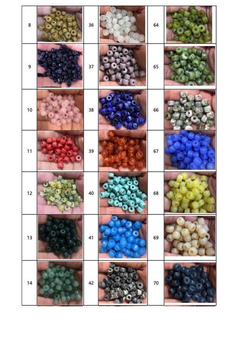 May include: A selection of colourful beads in various shades, including green, blue, pink, and white. The beads are small and round, ideal for jewellery making or crafts. The image is a catalogue of different bead colours and styles.