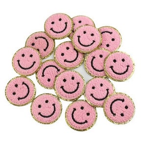 Rosto de sorriso rosa-adesivo de rosto sorridente-remendo de chenille ouro glitter carta do time do colégio-perfeito para bolsas de náilon e roupas