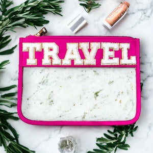 Regalo de viaje - Bolsa cosmética de nailon transparente personalizada - Personalizable con parches iniciales de letras universitarias brillantes Bolsa de maquillaje - Bolsa de refrigerios de nailon