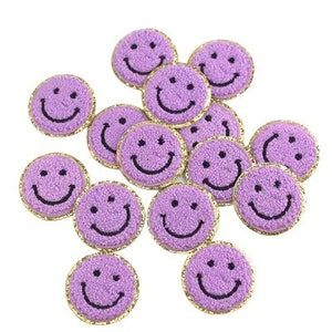 Purple-Smile - Adesivo autoadesivo para rosto sorridente - Chenille Smile Face Patch dourado com glitter Carta do time do colégio - Perfeito para bolsas e roupas de nylon