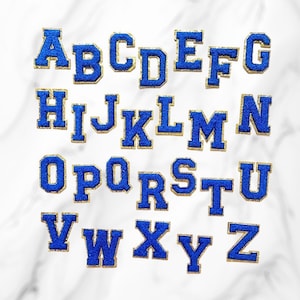 Parche de letras azul real, autoadhesivo, alfabeto de chenilla, letras universitarias con purpurina dorada, perfecto para bolsas de nailon, cosméticos, bordados DIY
