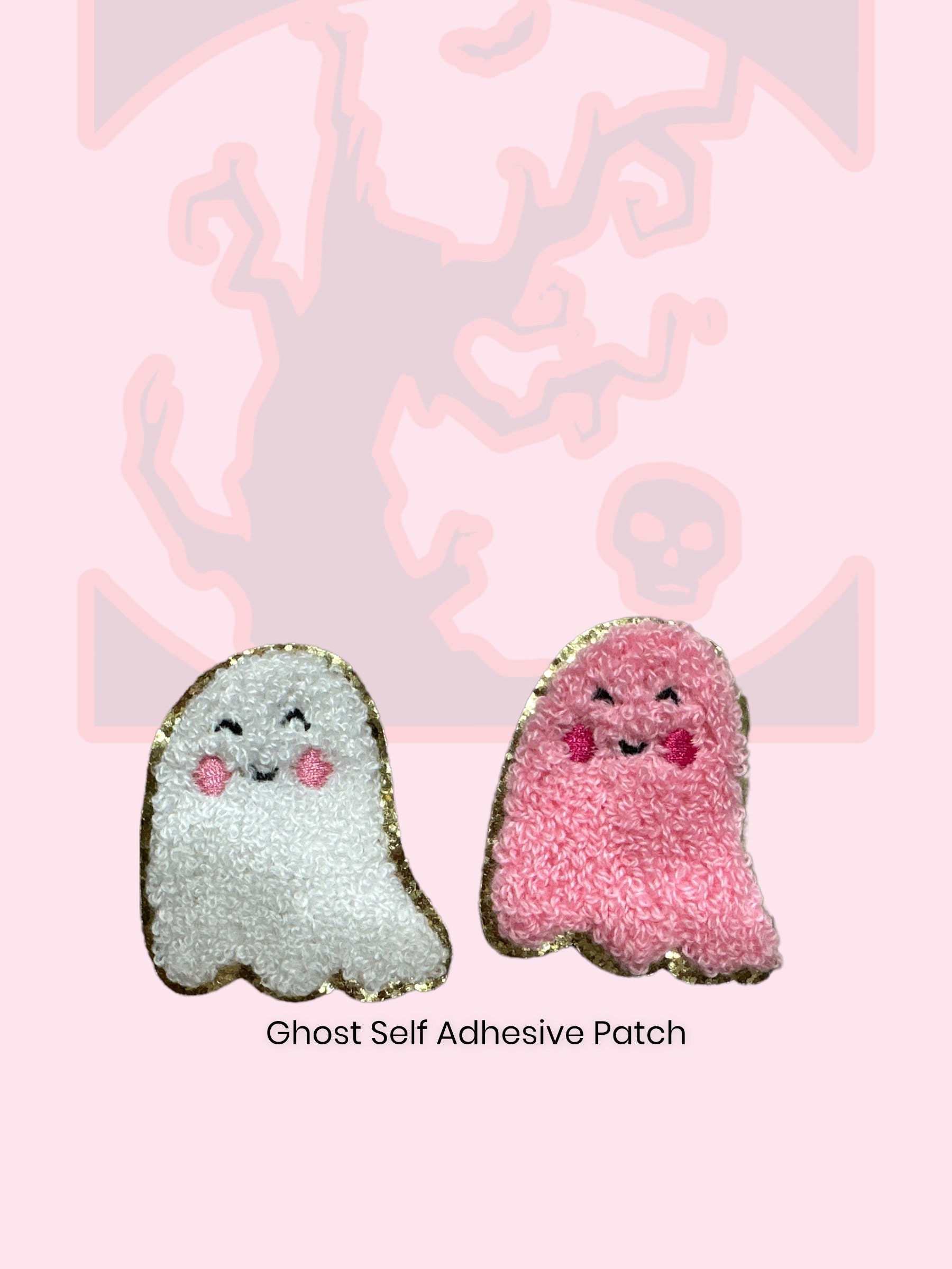 Halloween Ghost Chenille Patch Self Adhesive Fall Patch Pink Pumpkin,  Friendly Ghost, Chenille Gold Glitter Nylon Pouches 