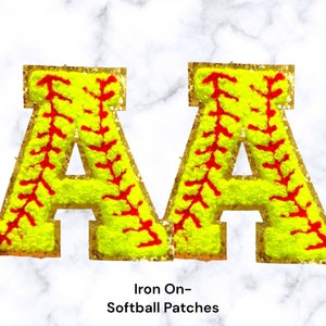 Patch de letra de softball amarelo neon - Patch de chenille brilhante de 2,75 polegadas para passar, bordado, moletom para mãe de time de softball, camisetas de time para presente