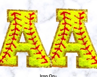 Neon Yellow Softball letter Patch - Iron On 2.75 Inch Glitter Chenille Patch, embroidery , softball team mom sweatshirt, team shirts gifts