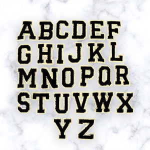Patch de letra preta - autoadesivo - alfabeto de chenille faça você mesmo com glitter dourado, letra universitária perfeita para bolsa de náilon, bordado cosmético