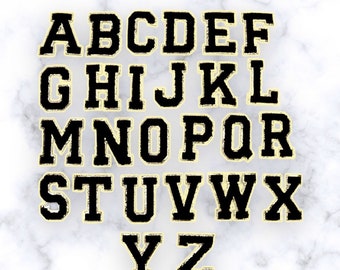 Écusson alphabet noir, auto-adhésif, alphabet chenille à paillettes dorées, idéal pour la broderie cosmétique avec pochette en nylon