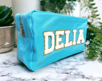 Personalizable Nylon Bag MakeUp Pouch - Customizable With Glitter Varsity Letter Initial Patches Makeup Bag-  -Personalized Christmas gift