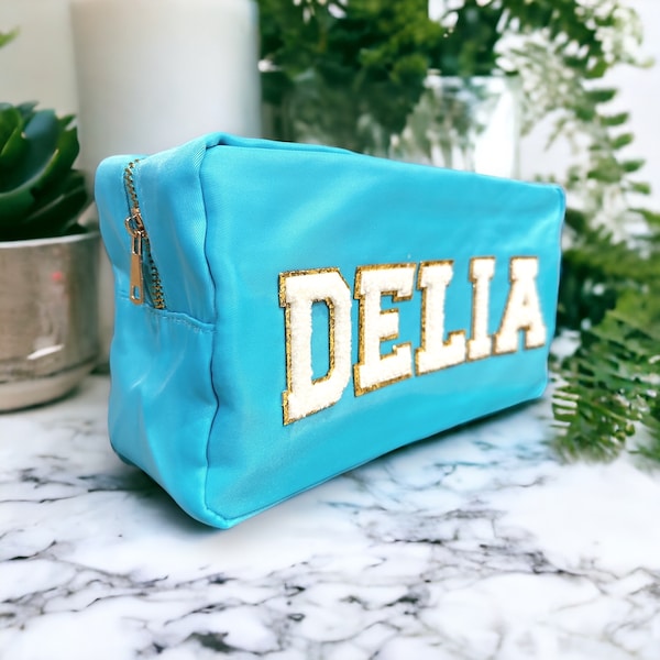 Personalizable Nylon Bag MakeUp Pouch - Customizable With Glitter Varsity Letter Initial Patches Makeup Bag-  -Personalized Christmas gift