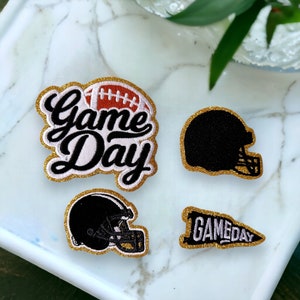 Black Game Day Patch - Self Adhesive or Iron On- Chenille Football Patch- Flag , Helmet, Football DIY Football Patch for stadium bag
