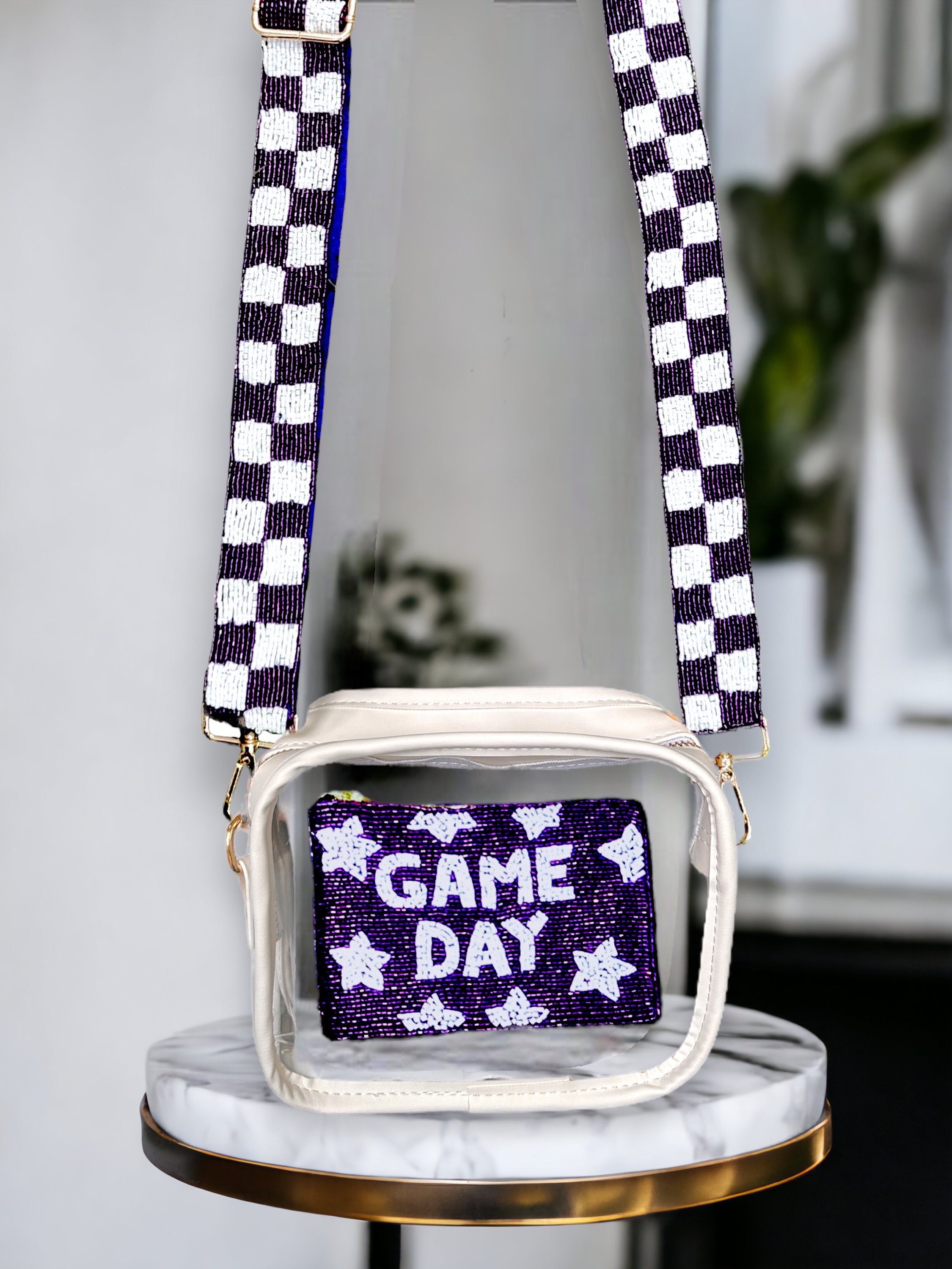 Handmade Beaded Bag Strap: Green & White Checkered