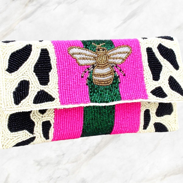 Royal Bee Clutch- Italian Striped bee hive Clutch, Handmade Beaded Crossbody Chain Clutch Bag Handbag, Red and green stripe, beaded