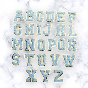 Patch de letra azul bebê - autoadesivo - alfabeto chenille faça você mesmo glitter dourado bolsa de nylon com letras universitárias bordado cosmético