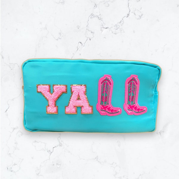 Y'all Nylon Pouch - Rodeo Pink  Cowgirl Boot Patch - -Nashville Swiftie -Southwest Patch- Western Boot- Space Cowgirl- Southern - Swiftie