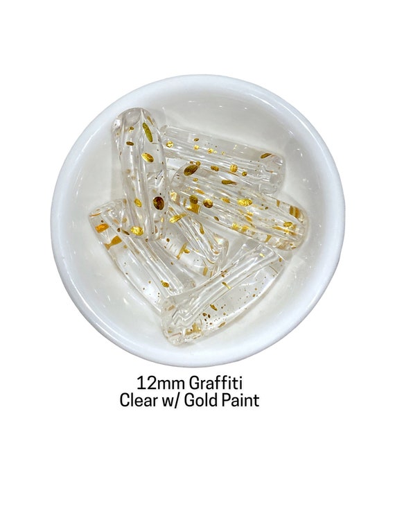 Clear Acrylic Tube Beads: Gold Graffiti Paint Splatter, 12mm Curved Resin Bracelet Beads