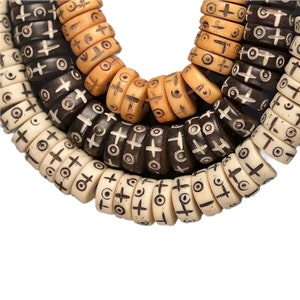 8mm Bone Beads Natural Carved White, Black, Brown Ox Bone beads Hand Etched, heishi saucer, bone beads, Rondelle beads Full strand 15.5"