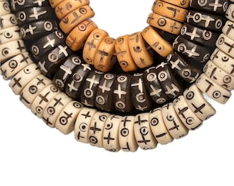 10mm Carved Ox Bone Beads: White, Black, Brown Rondelle Strand