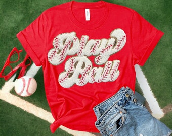 Play Ball Baseball Patch: Glitter Chenille Iron On Applique (11” x 8”)