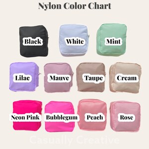 May include: Nylon color chart showing 12 different colors of fabric. The colors are: black, white, mint, lilac, mauve, taupe, cream, neon pink, bubblegum, peach, and rose.