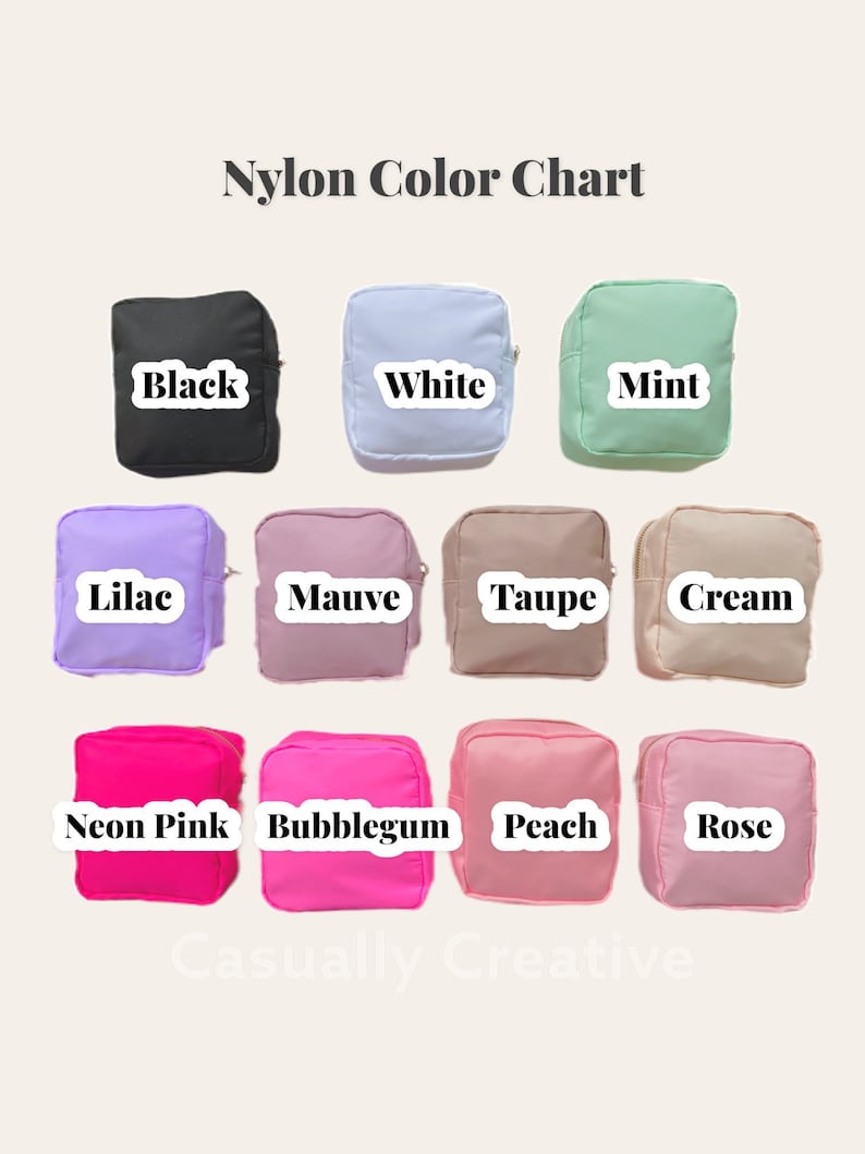 May include: Nylon color chart showing 12 different colors of fabric. The colors are: black, white, mint, lilac, mauve, taupe, cream, neon pink, bubblegum, peach, and rose.