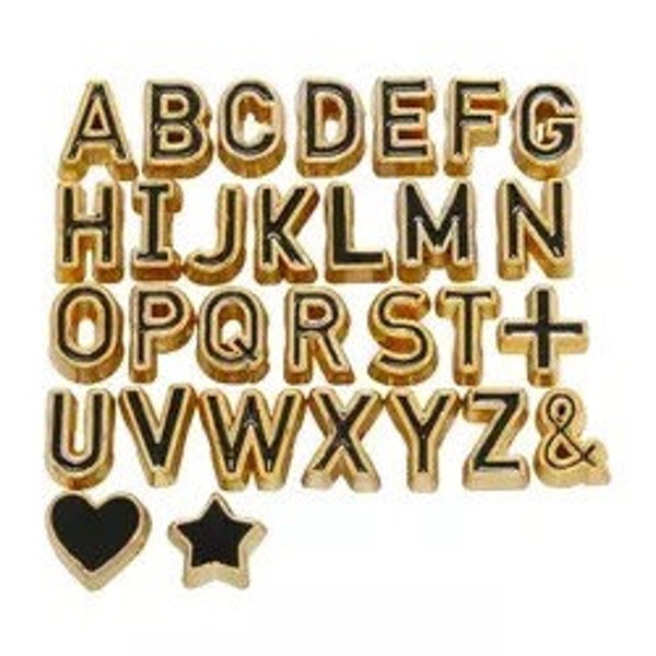 Black & Gold Outline Enamel Letter Beads, Cast Enamel Letters,  Gold Lined Letter Beads, Number, Symbol Beads, Alphabet Beads, Name Beads,