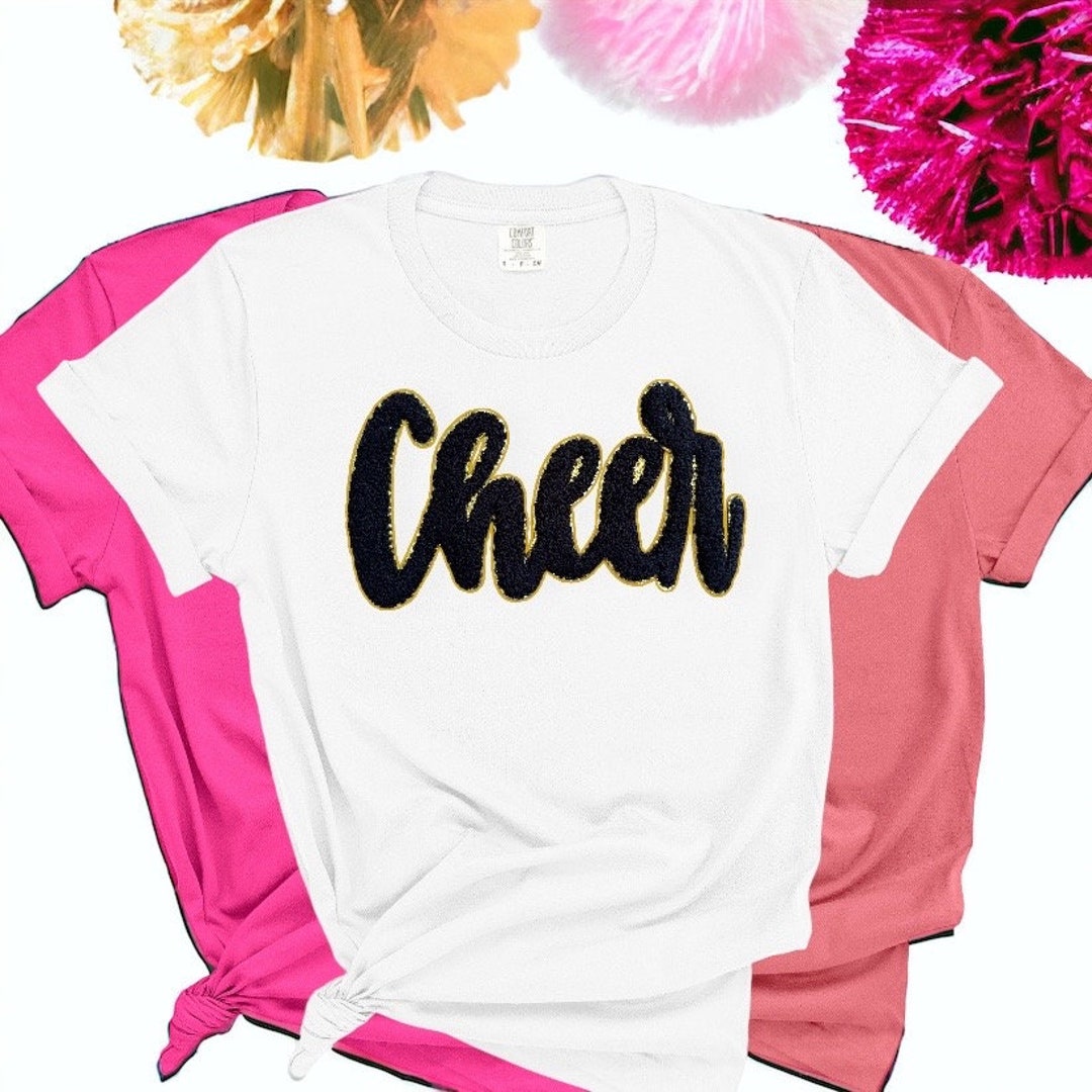 Black Cheer iron on Glitter Chenille Patch, Cheer Chenille Iron On