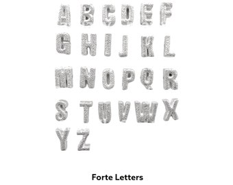 May include: Silver alphabet letter charms, A through Z, in a white background.  Forte Letters.
