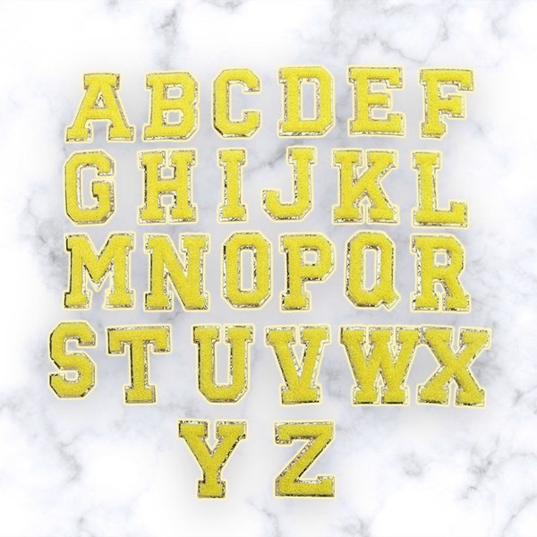 Yellow - Letter Patch - Self Adhesive - Chenille Alphabet Diy Gold Glitter Varsity Letter - Nylon Pouch cosmetic DIY embroidery