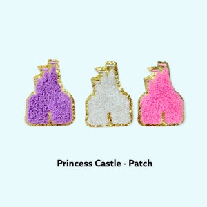 Castillo- Parche autoadhesivo- Parche de bricolaje Princess Chenille con ribete de brillo dorado- Carta universitaria- Perfecto para bolsas y ropa de nailon